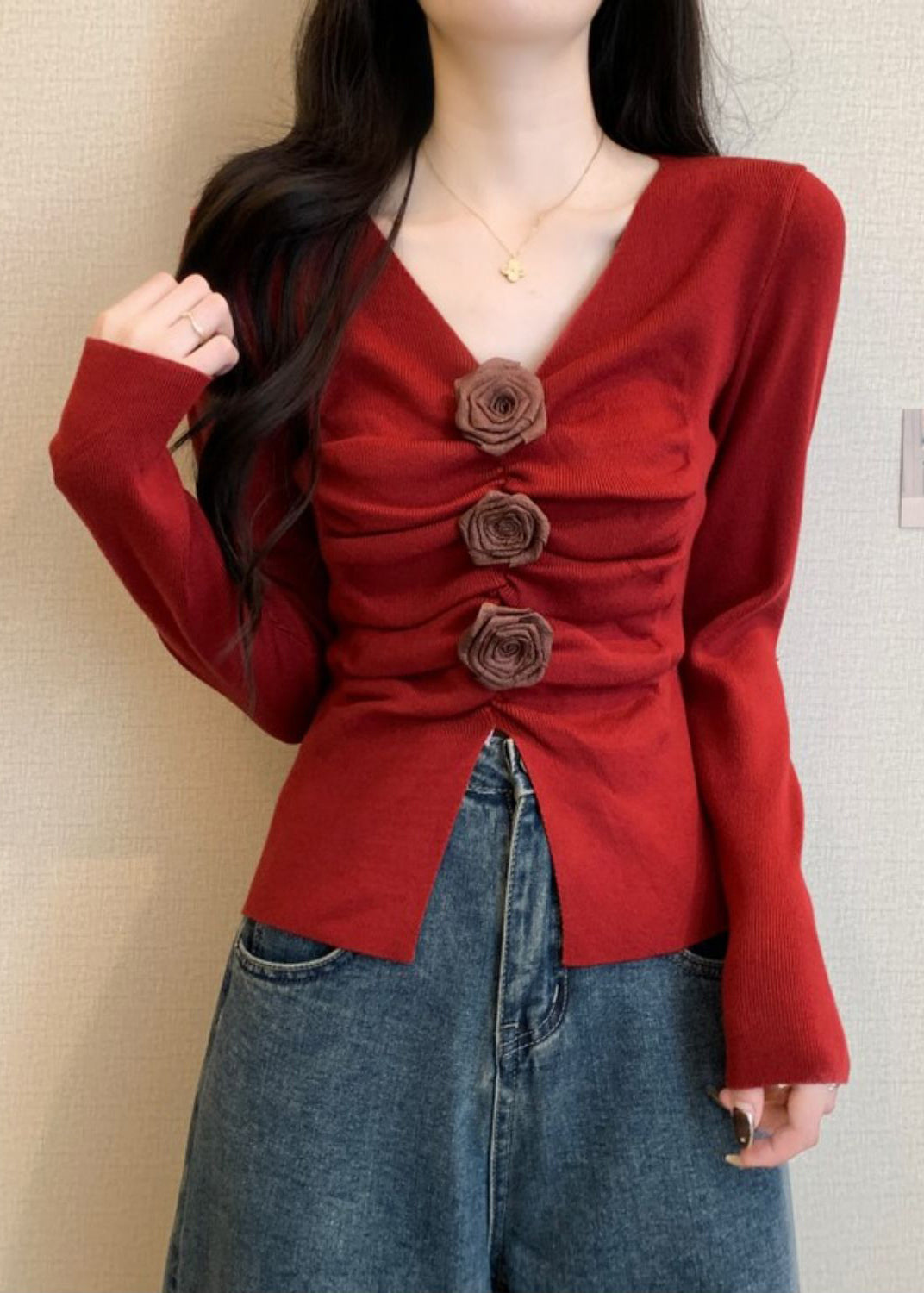 Stylish Red Wrinkled Knit Sweater Spring