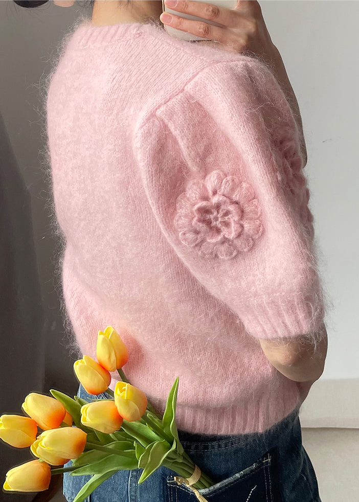 Pink O Neck Knit Sweater Short Sleeve