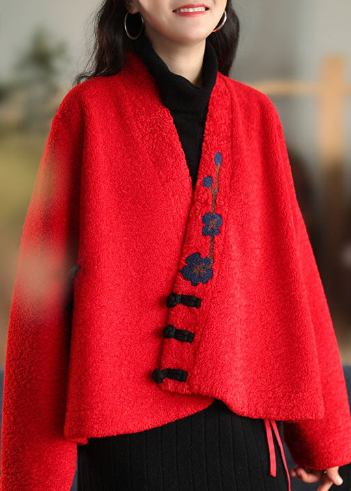 Stylish Red Button Embroidered Woolen Coats Spring