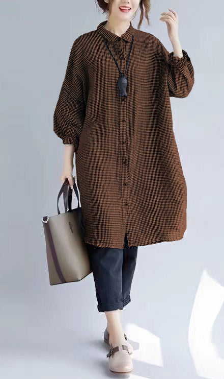 Stylish Black Plaid Cozy Cotton T Shirt Oversize Turn-down Collar Cotton Blouses Fine Long Sleeve Tops