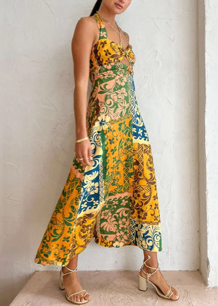 Colorblock Print Lace Up Linen Holiday Dress Sleeveless