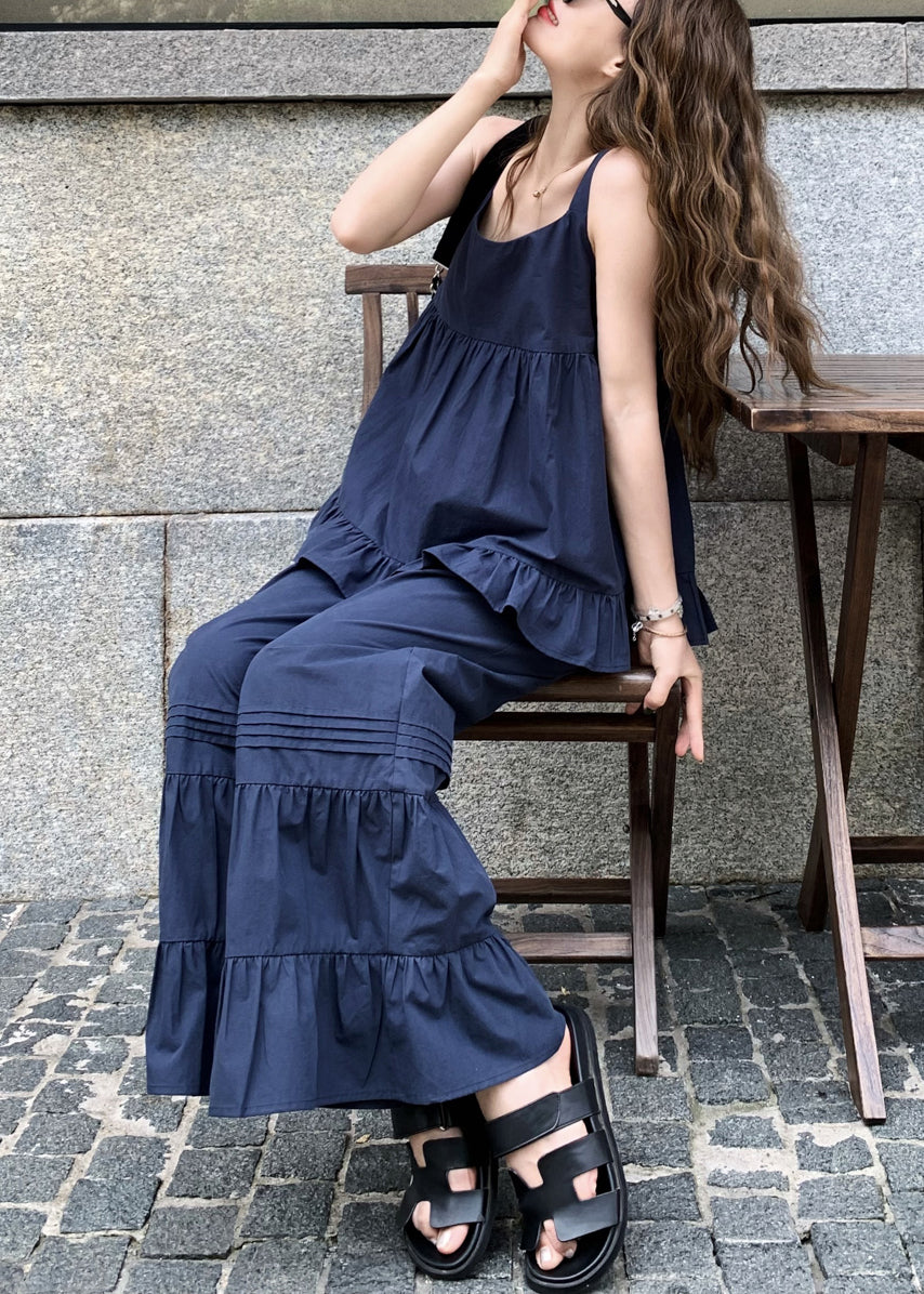 French Navy Ruffled Tops and Flare Bottoms Cotton Two Piece Set Sleeveless