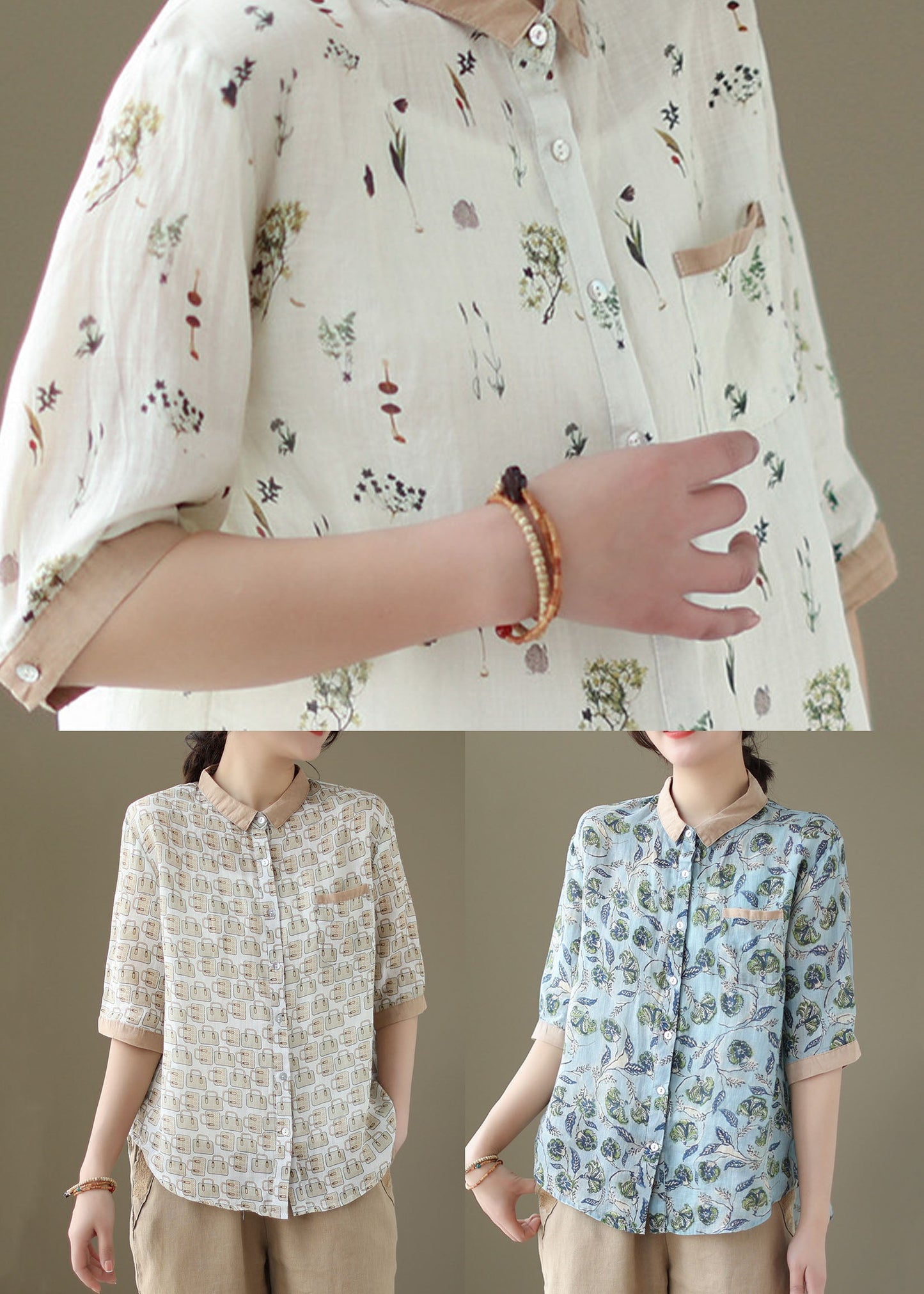 Blue Peter Pan Collar Print Patchwork Linen Shirts Summer