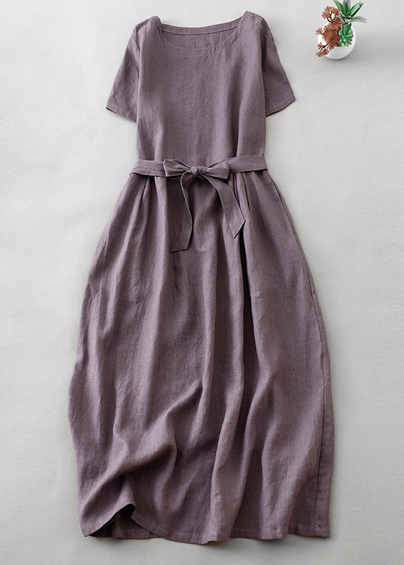 Purple O Neck Tie Waist Pockets Linen Long Dress Summer