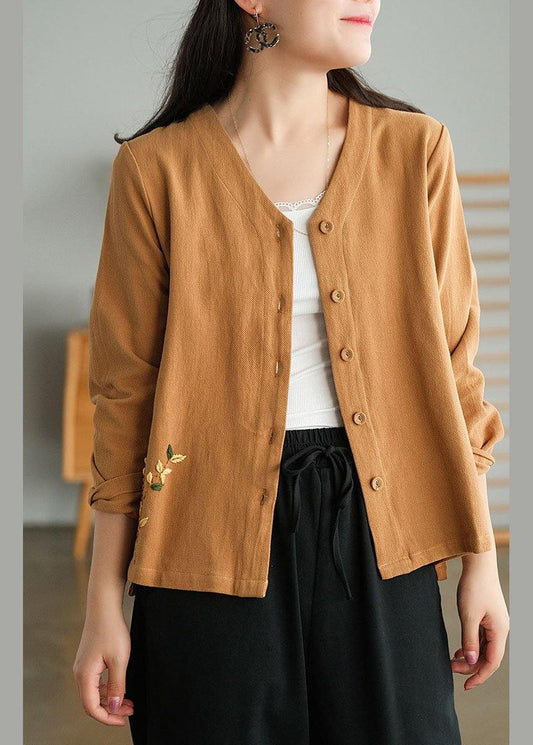 Unique Khaki Side Open Embroidered Fall Long Sleeve Shirt