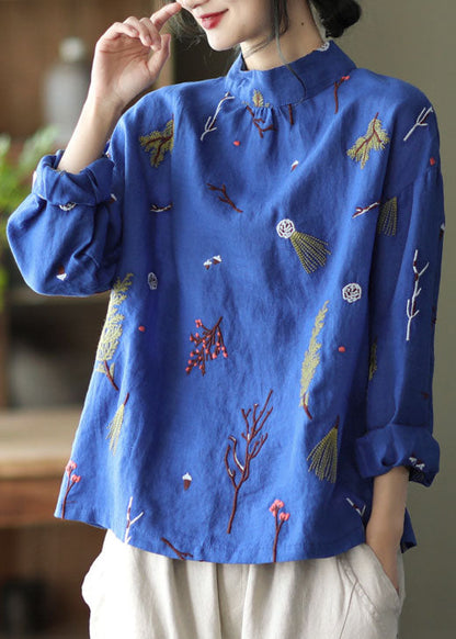 Stylish Gray Flower Embroidered Retro Linen Blouse Tops Spring