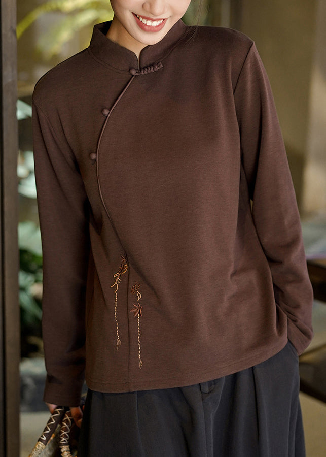 Chinese Style White Stand Collar Embroideried Cotton T Shirts Spring