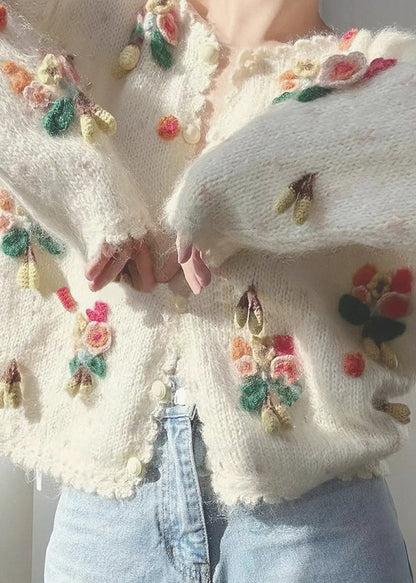 Beige V Neck Button Patchwork Knit Cardigan Winter