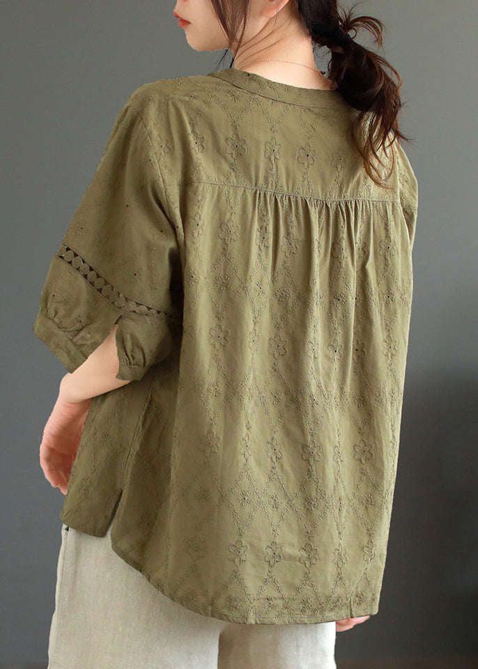 Dark Green Hollow Out Embroidered Cotton T Shirt Top