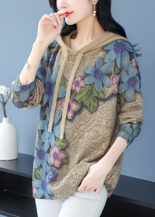 Khaki Hooded Print Woolen Knit Pullover Spring