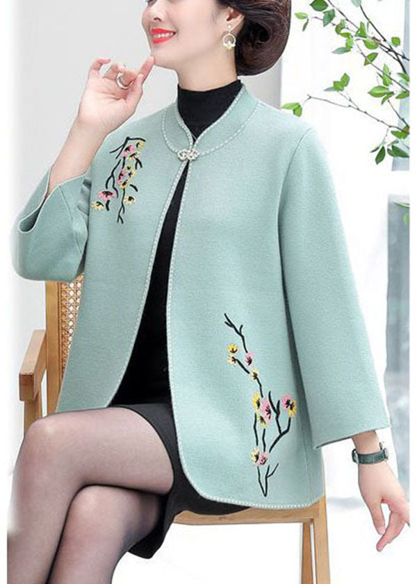 Light Blue Stand Collar Embroideried Woolen Cardigans Long Sleeve