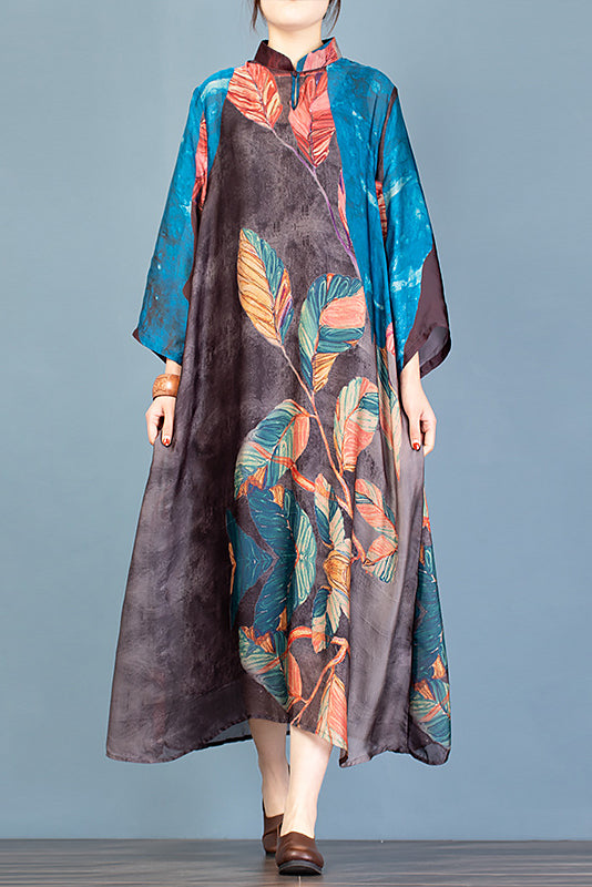 New Stand Collar Printed Dress Tencel Dress