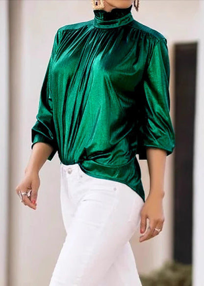Style Green Turtleneck Patchwork Silk Velour Top Spring