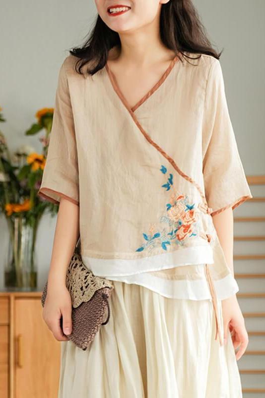 Lace-up Ramie Embroidered T-shirt