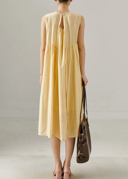 Yellow Wrinkled Backless Cotton Maxi Dresses Sleeveless