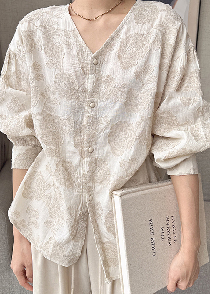 Apricot V Neck Jacquard Button Cotton Shirts Spring