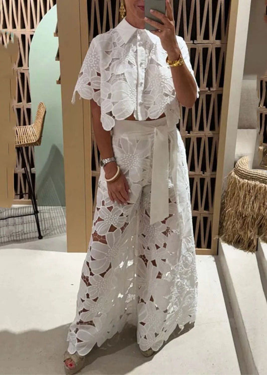 White Hollow Out Shirts and Wide Leg Pants Two Pieces Set Short Sleeve