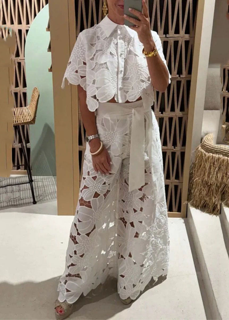 White Hollow Out Shirts and Wide Leg Pants Two Pieces Set Short Sleeve