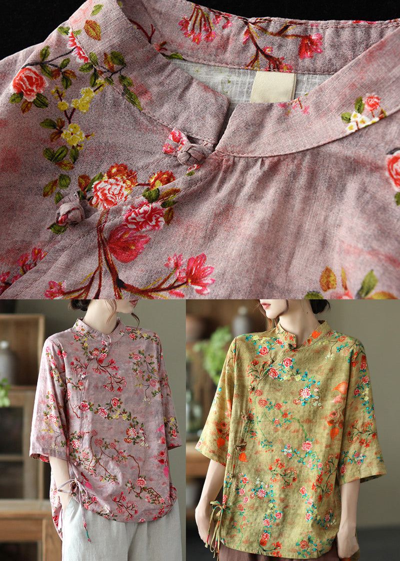 Yellow Print Tie Waist Shirts Half Sleeve