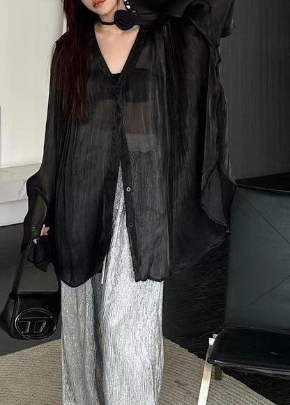 French Black V Neck Button Shirts Tops Long Sleeve