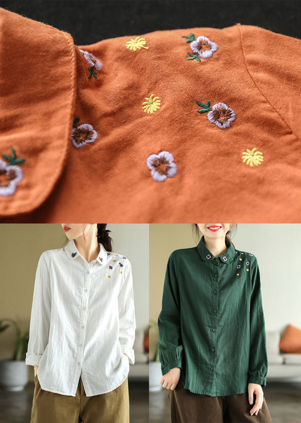 Art White Peter Pan Collar Embroidered Cotton Shirt Spring