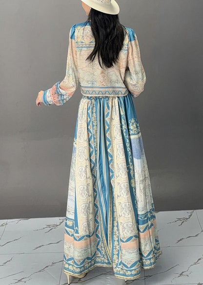 French Blue Print Tops and Skirts Cotton Two Pieces Set Fall