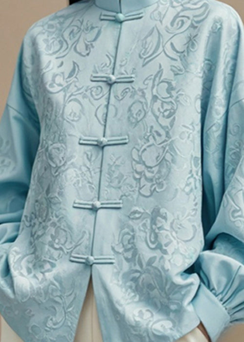 Blue Stand Collar Button Silk Cotton Coats Fall