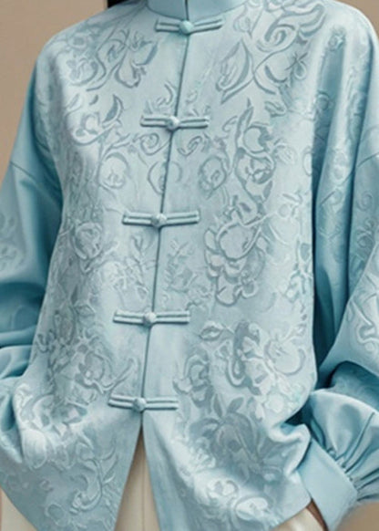 Blue Stand Collar Button Silk Cotton Coats Fall