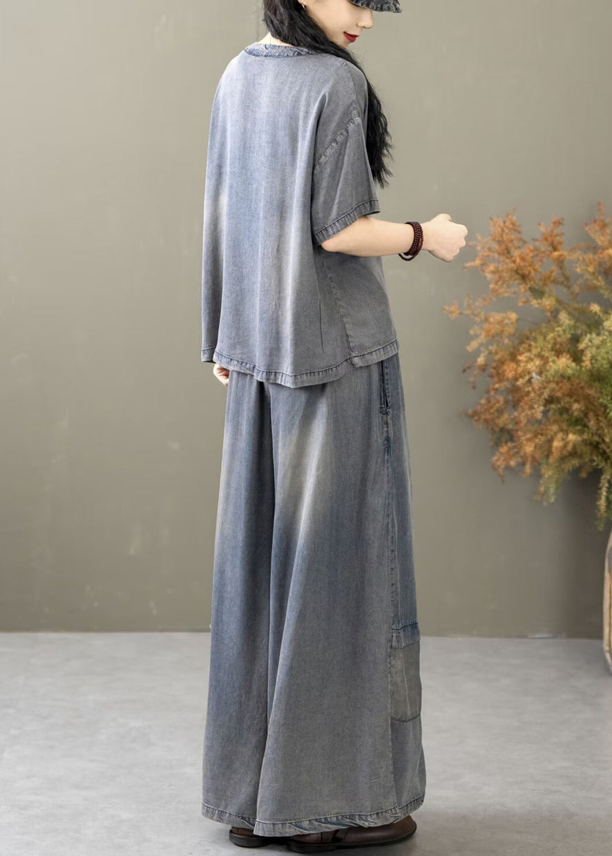 New Blue Pockets T Shirt and Wide Leg Pants Denim Two Pieces Set Summer