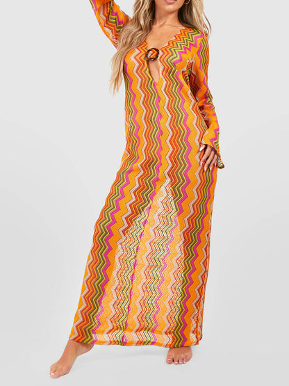 Soda Orange Stripe Print O-ring Long Sleeve Beach Maxi Dress