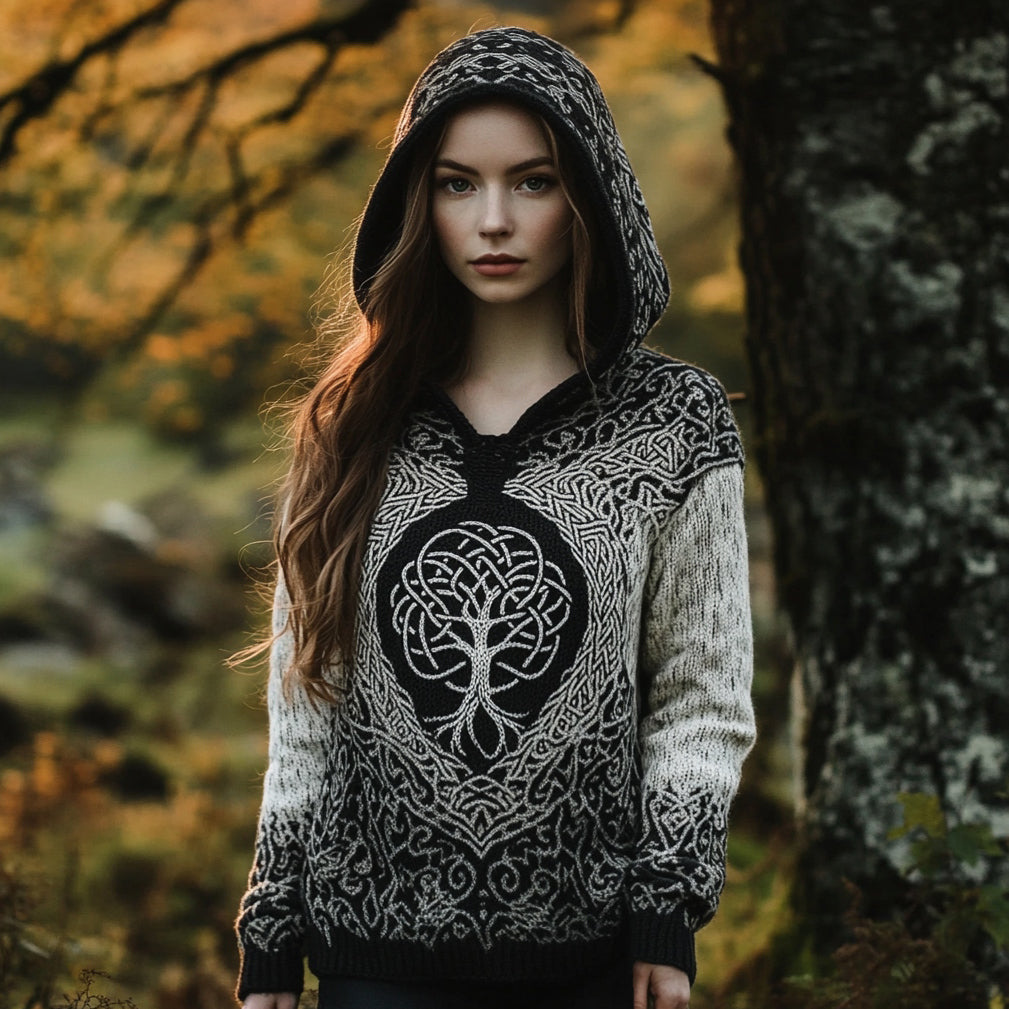 Women's Vintage Celtic Tree Of Life Jacquard Ombre Hooded Sweater elevenforest