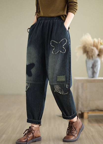 Navy Pockets Elastic Waist Denim Pants Fall