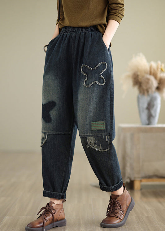 Navy Pockets Elastic Waist Denim Pants Fall