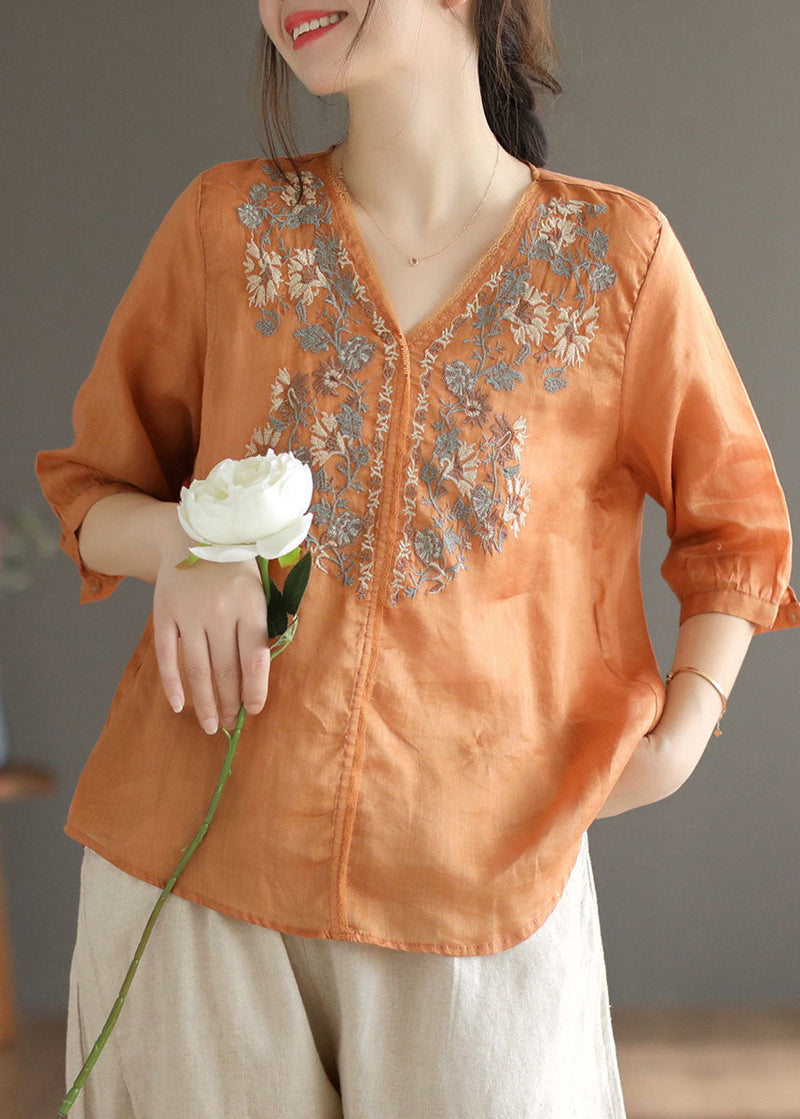 Orange V Neck Embroidered Linen Blouse Top Half Sleeve