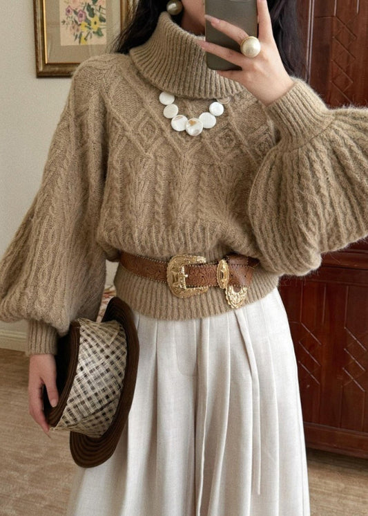 Khaki Turtleneck Thick Cable Cotton Knit Sweaters Puff Sleeve