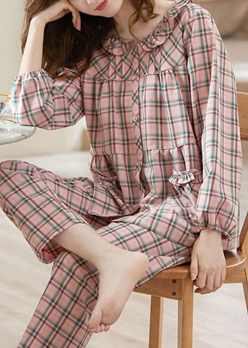 Loose Pink Plaid Pockets Shirts and Pants Cotton Pajamas Two Pieces Set Fall