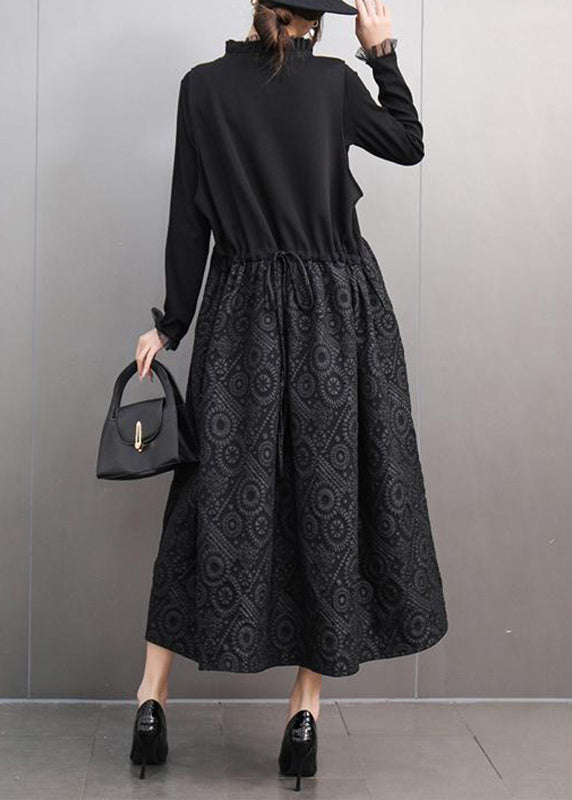 Stylish Black V Neck Print T Shirts and Long Dress Two Pieces Set Spring