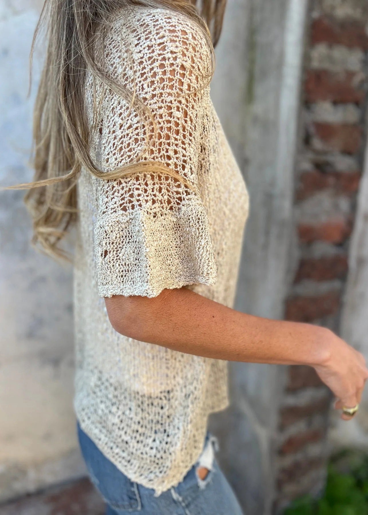 Organic White V Neck Hollow Out Knit Tops Summer
