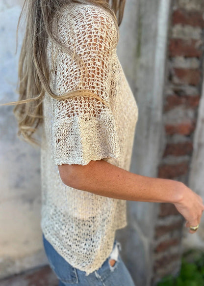 Organic White V Neck Hollow Out Knit Tops Summer