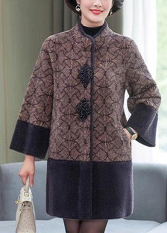 Grey Stand Collar Print Patchwork Mink Velvet Coats Spring