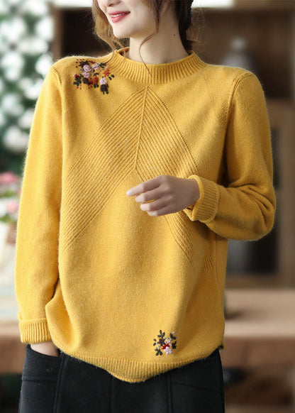 Yellow Embroidered Knit Sweater Winter