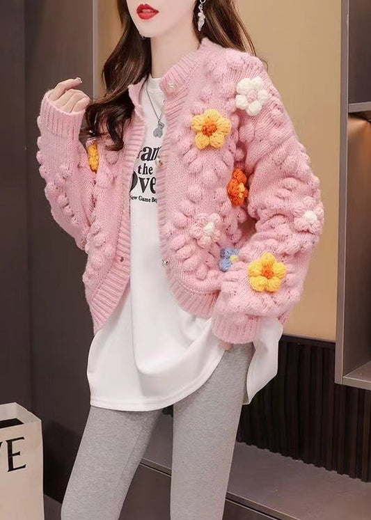 French Pink O Neck Patchwork Knit Cardigan Fall