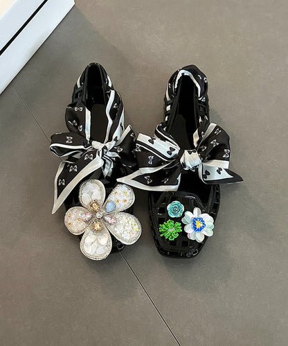 Red Hollow Out Flower Square Toe Flats Shoes