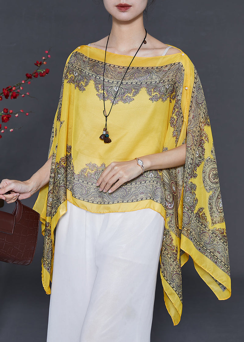 Yellow Oversized Print Chiffon Beach Top Summer