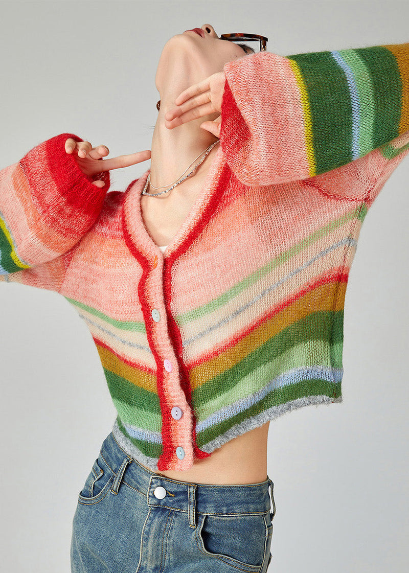 Rainbow V Neck Button Cotton Knit Cardigans Fall