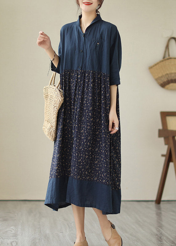 Blue V Neck Print Patchwork Button Cotton Long Dresses Summer
