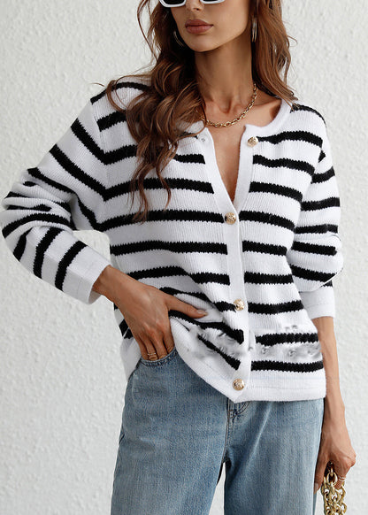 White O Neck Striped Knit Loose Cardigans Spring