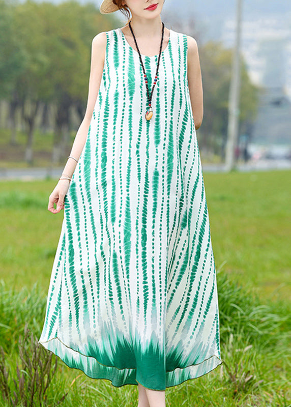 Green O-neck Striped Long Dress Summer