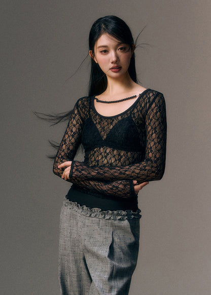 Black Bead Chain Linked Lace Top Fall