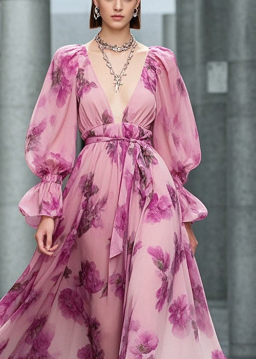 Diy Pink Deep-v Neck Print Chiffon Vacation Dresses Fall